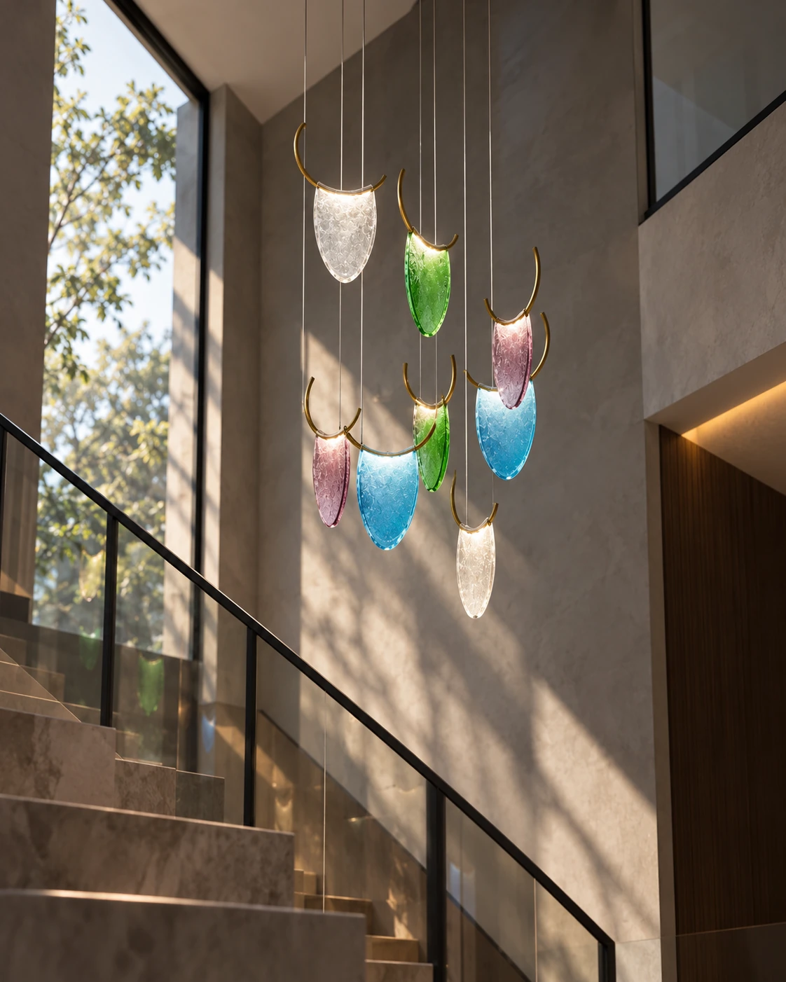 Glass leaf lighting in Stairwell installation