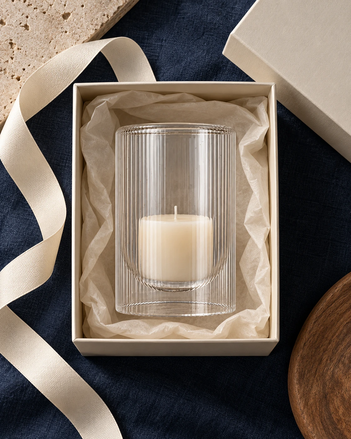 Ribbed glass votive in Gift presentation