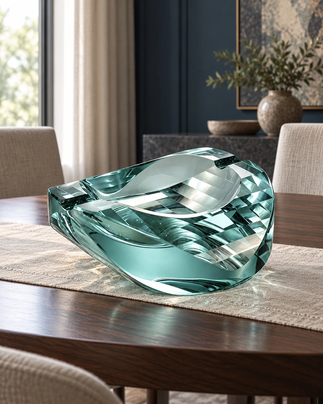 Sculptural glass bowl in Dining centrepiece