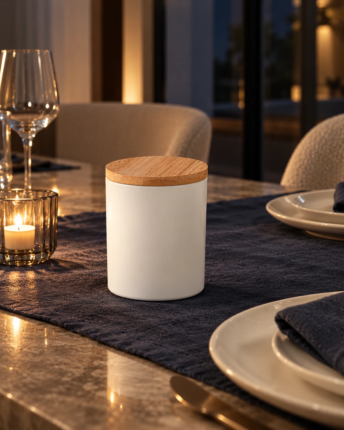 Wood-lid candle jars in Dining ritual