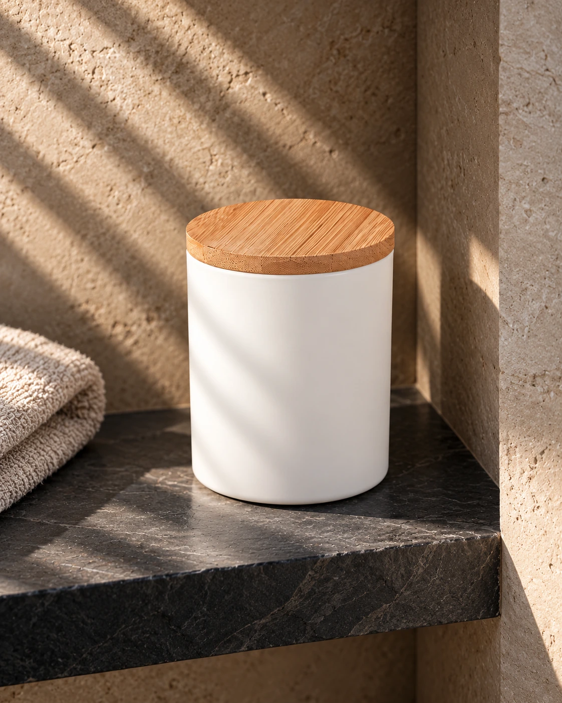 Wood-lid candle jars in Spa alcove