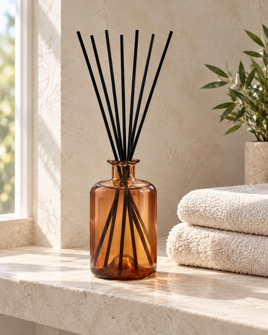Amber diffuser bottle in Bathroom shelf