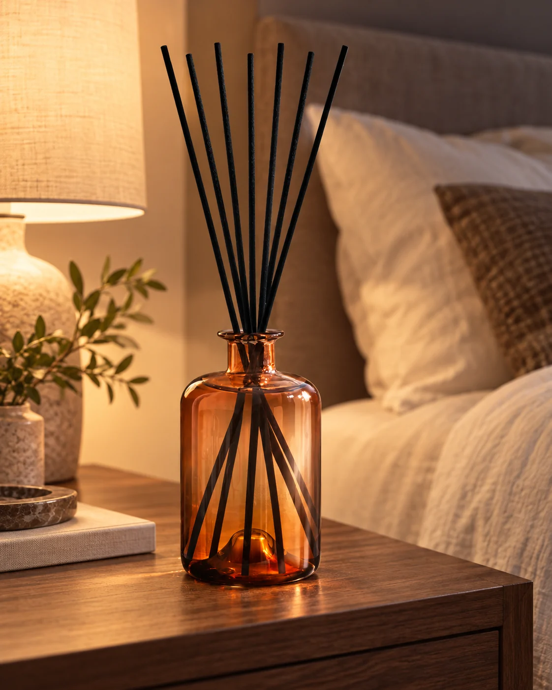 Amber diffuser bottle in Bedroom bedside