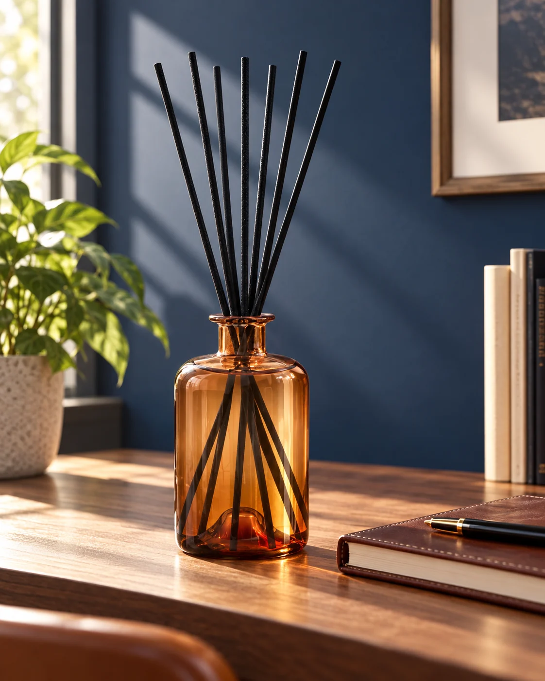 Amber diffuser bottle in Home office desk