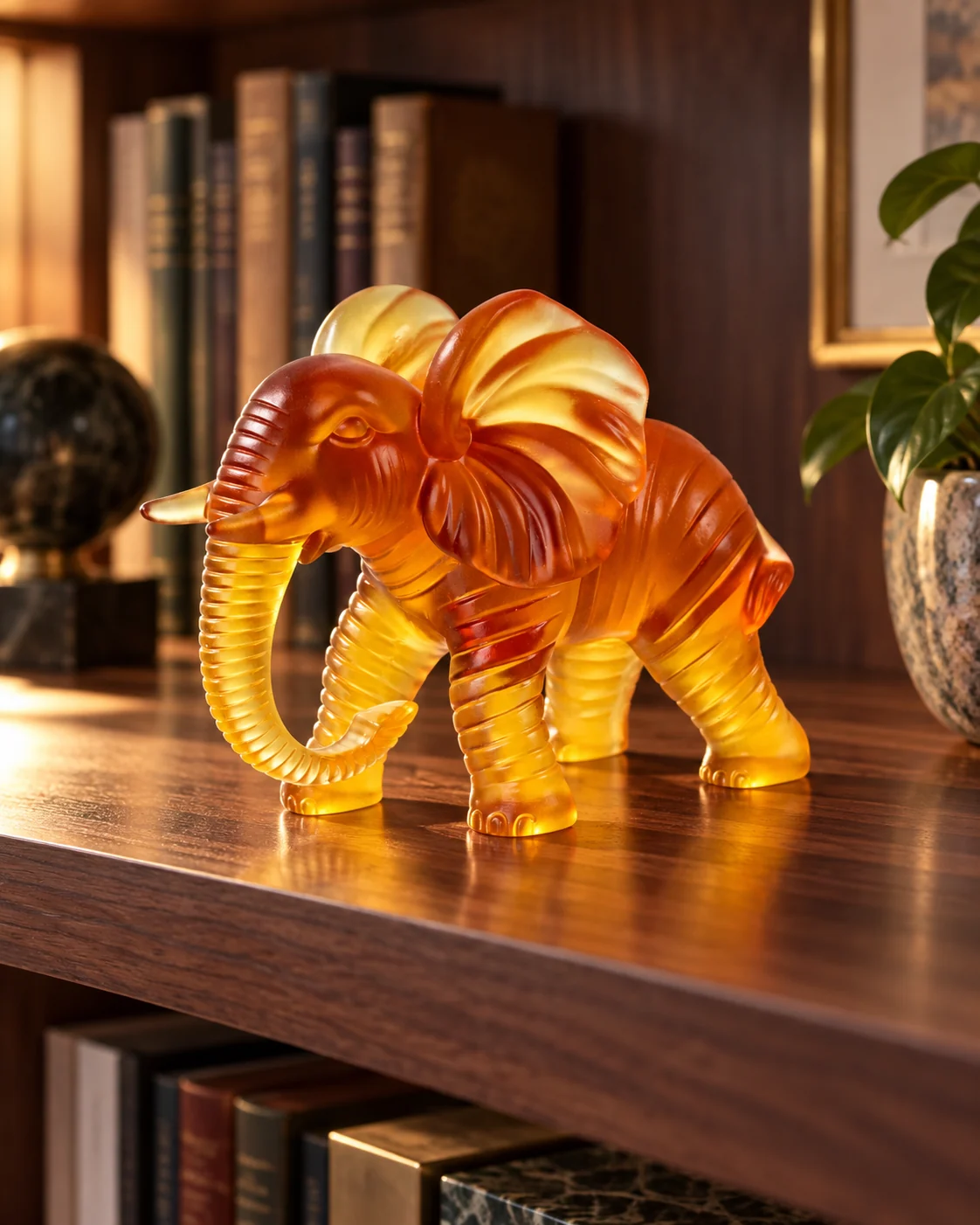 Amber glass elephant object in Home library