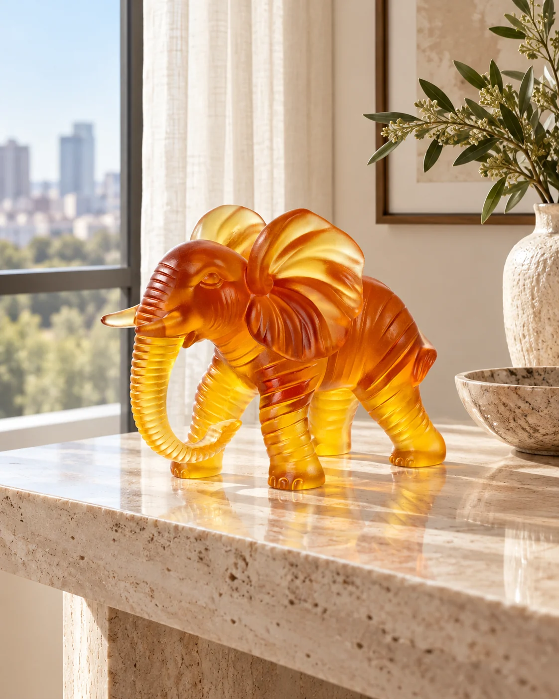 Amber glass elephant object in Hotel suite console
