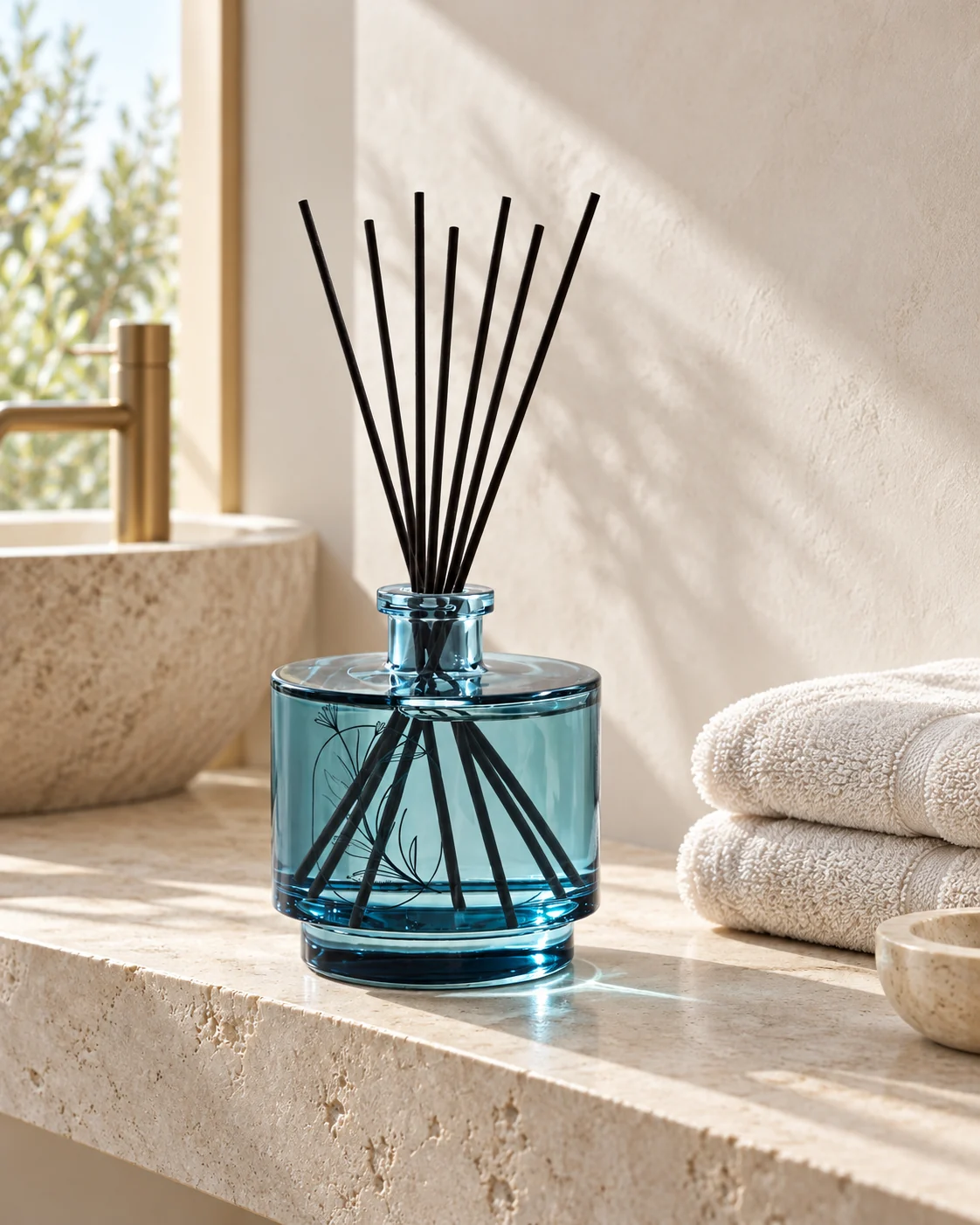 Stepped blue diffuser bottle in Bathroom shelf