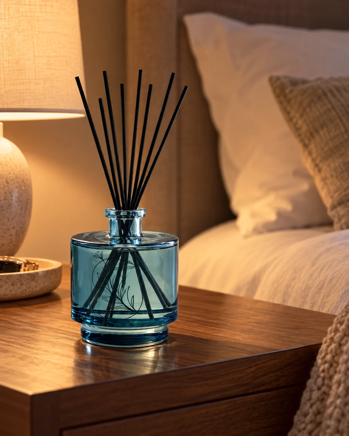 Stepped blue diffuser bottle in Bedroom bedside