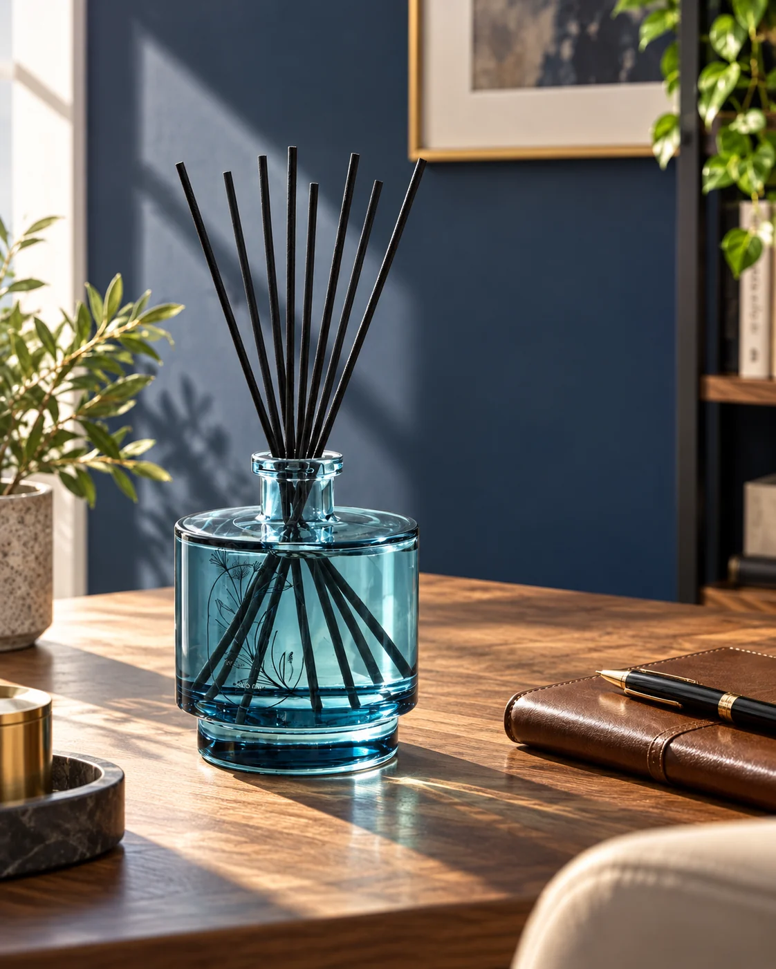 Stepped blue diffuser bottle in Home office desk