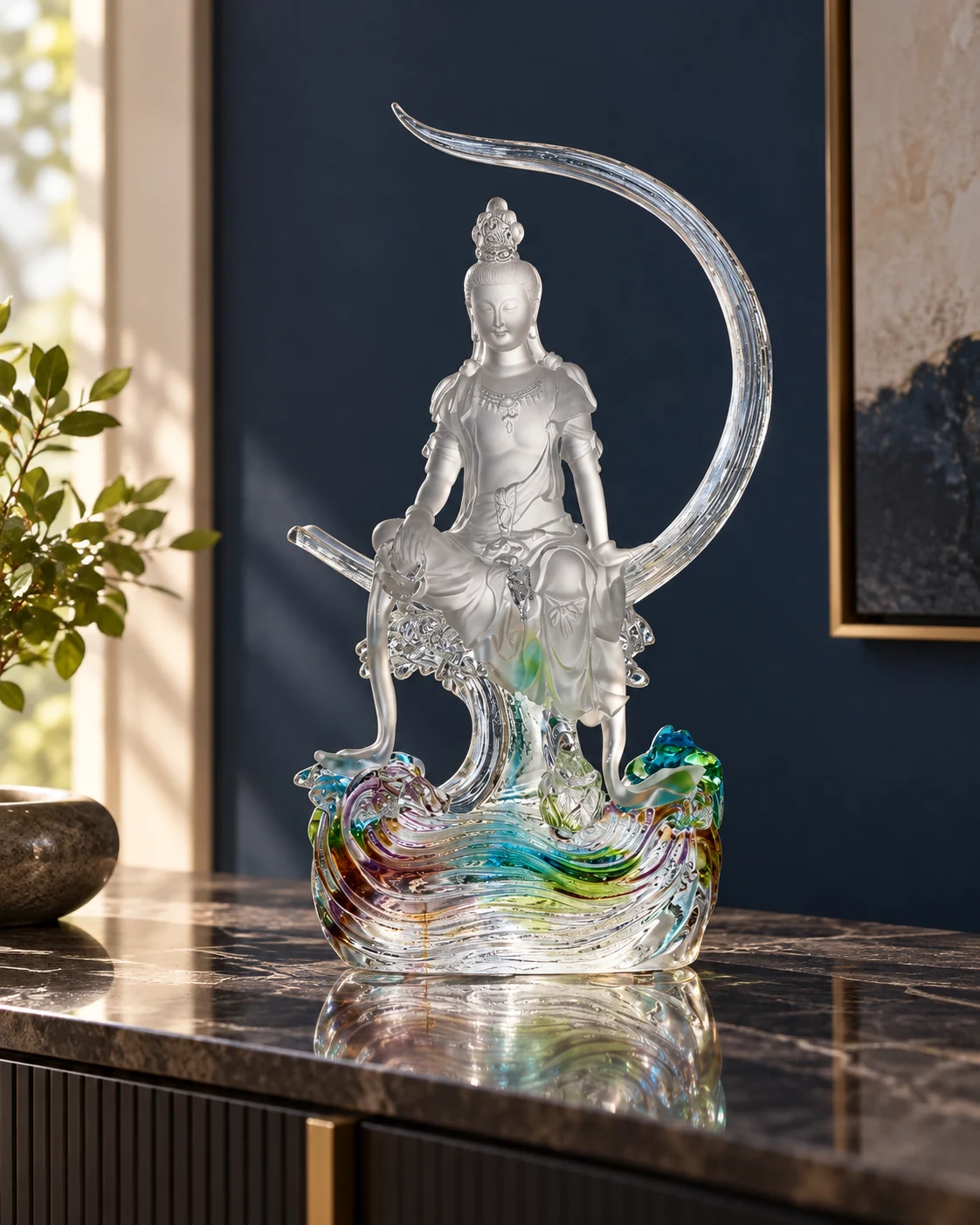 Glass figure object in Quiet living room console
