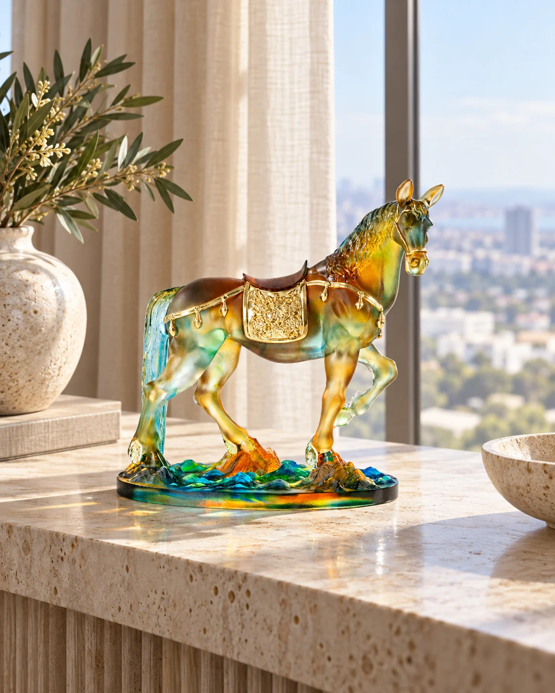 Glass horse object in Hotel suite console