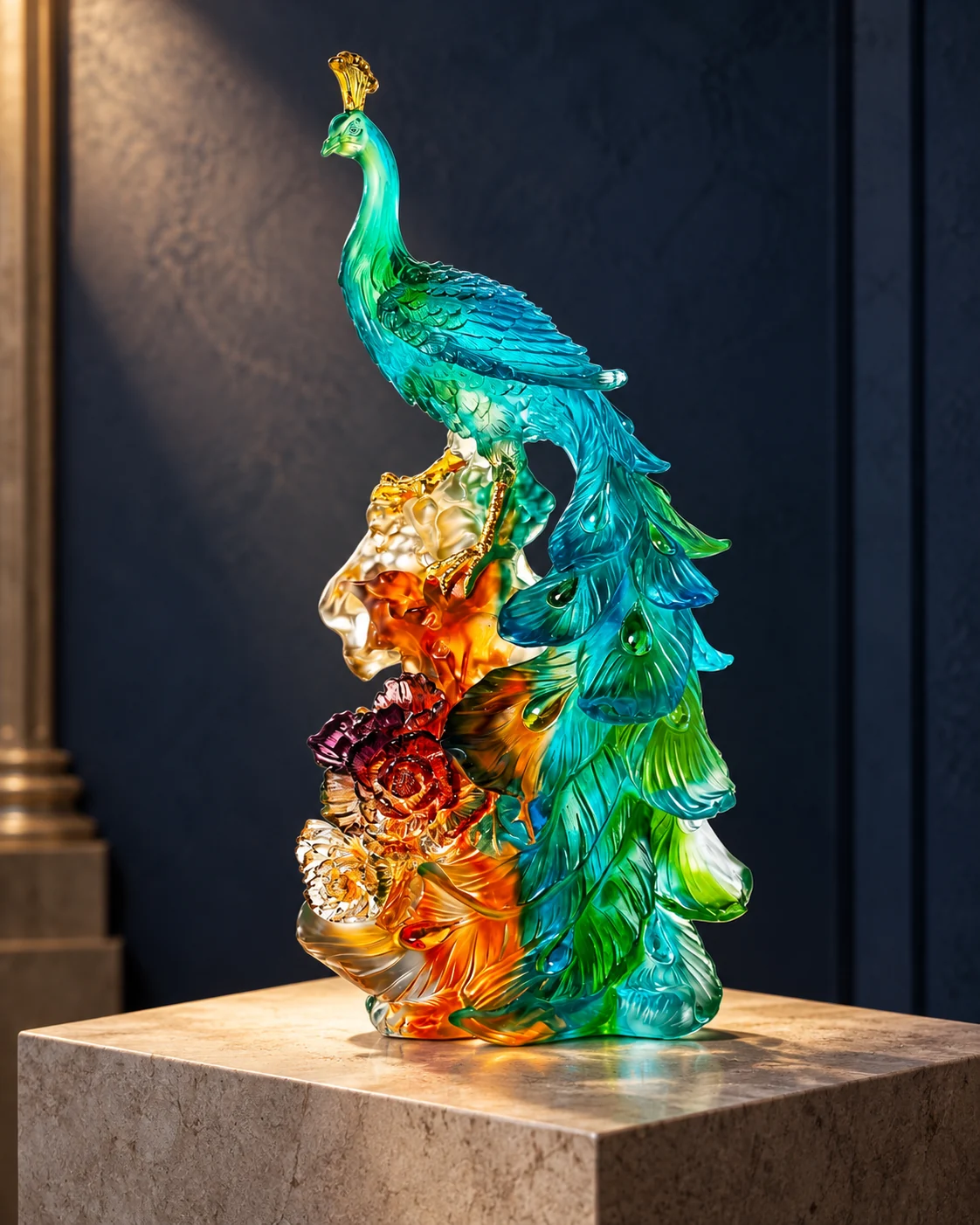 Glass peacock object in Art gallery display