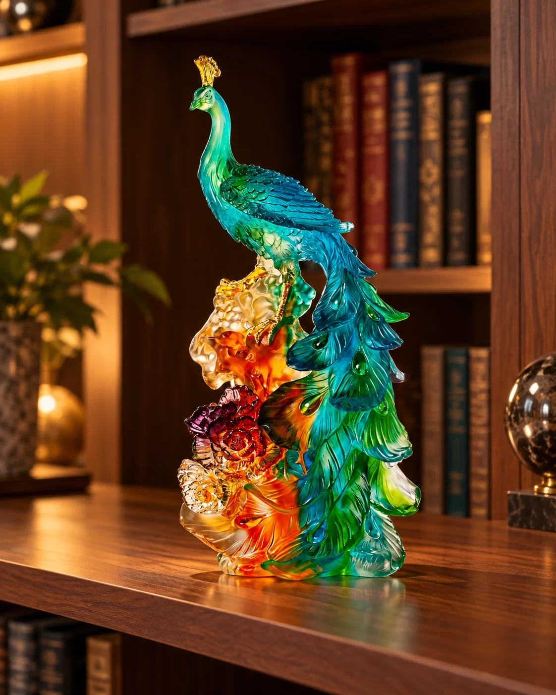 Glass peacock object in Home library