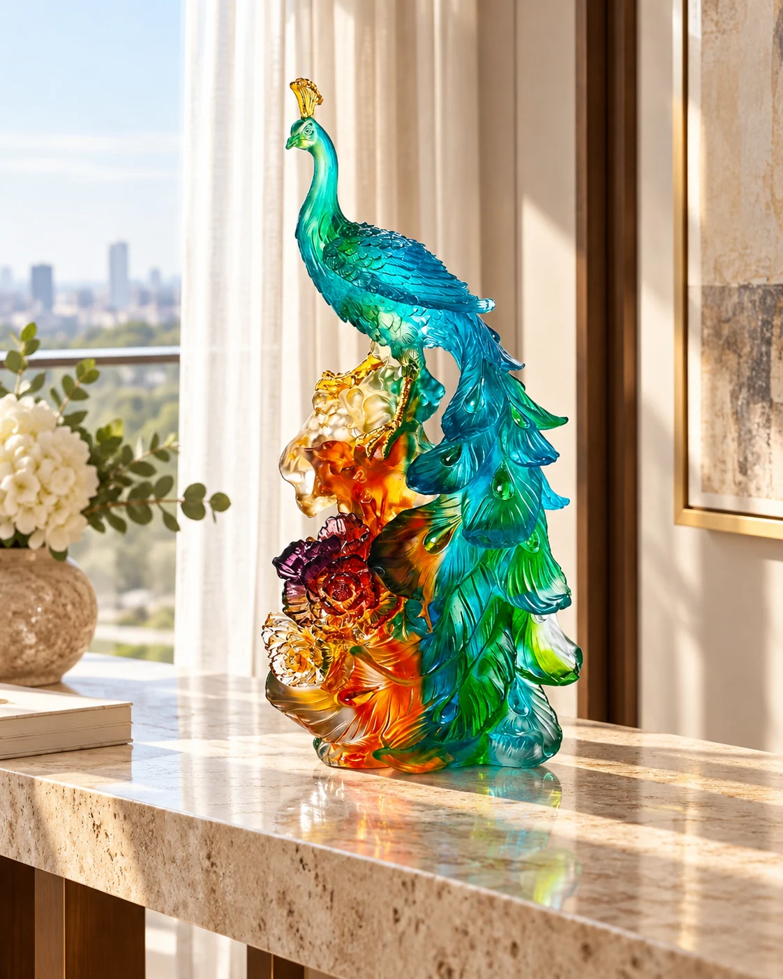 Glass peacock object in Hotel suite console