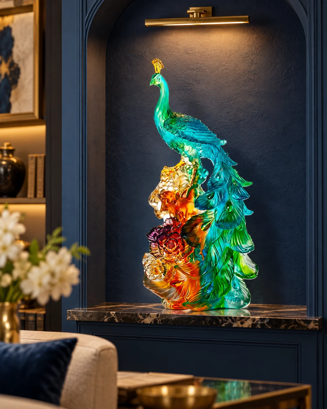 Glass peacock object in Living room display