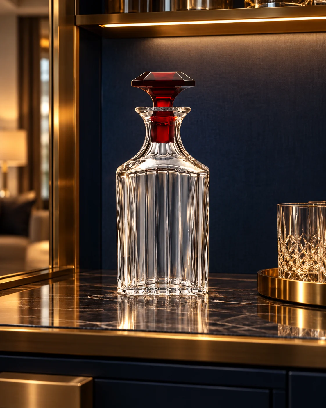 Ribbed spirit bottle in Hotel drinks cabinet