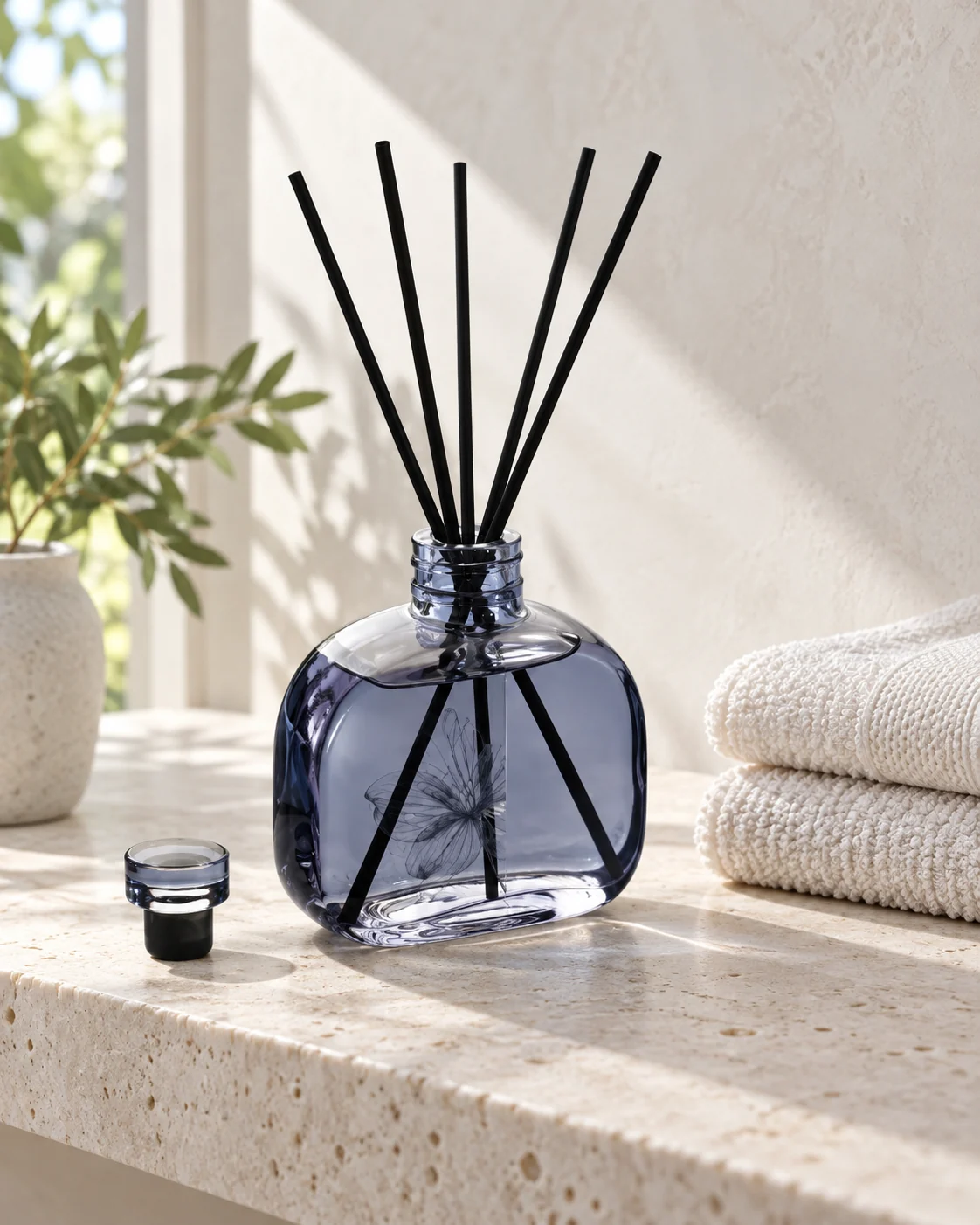 Round blue diffuser bottle in Bathroom shelf