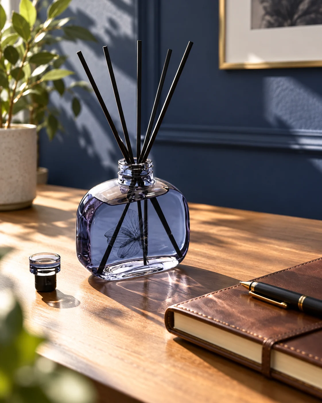 Round blue diffuser bottle in Home office desk