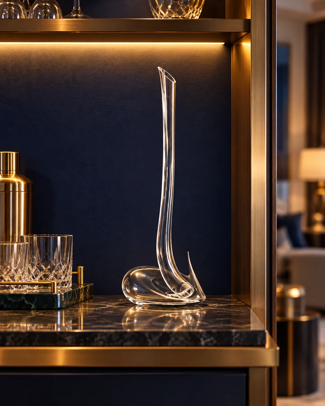 Slender wine decanter in Hotel drinks cabinet